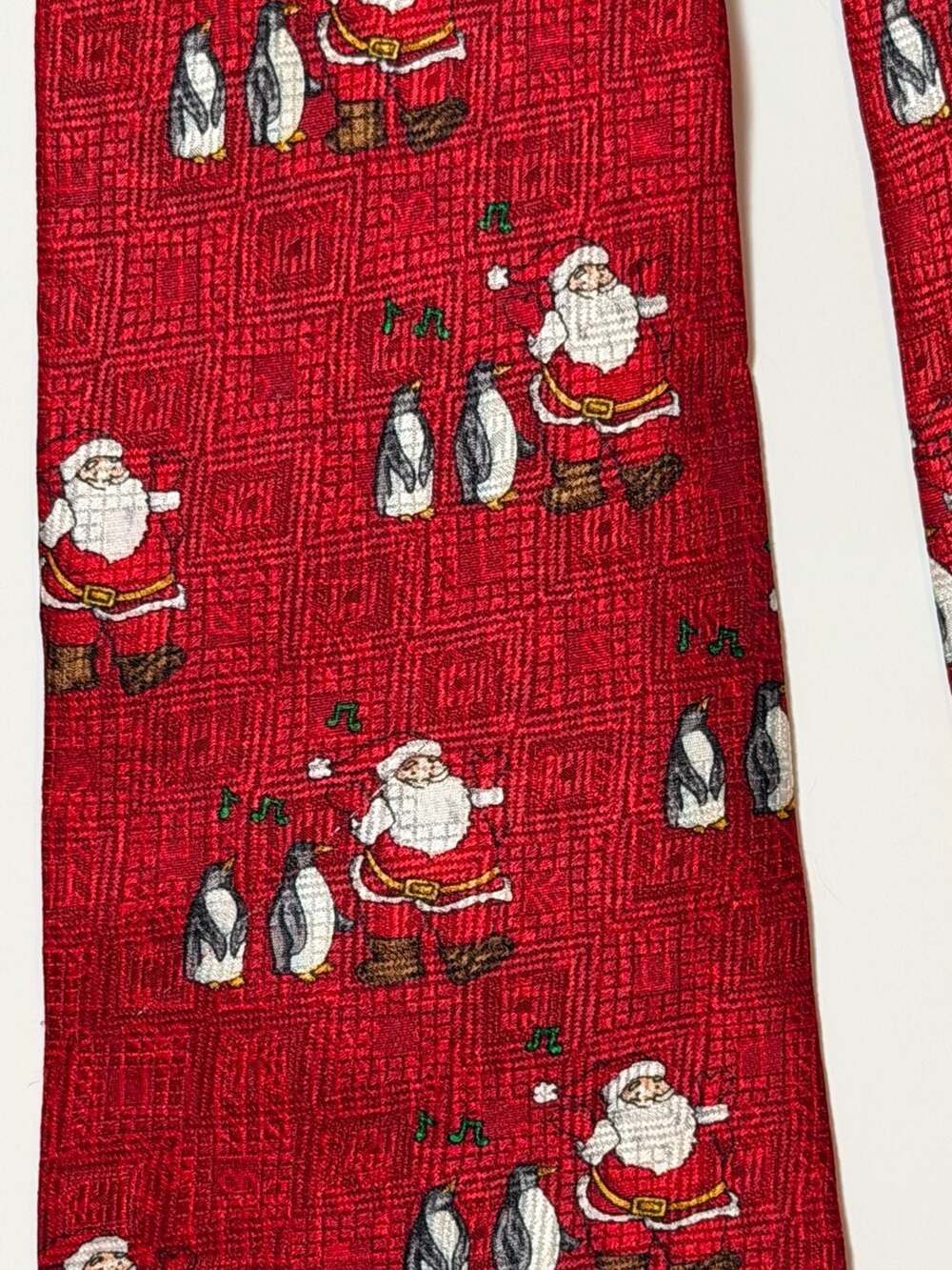 St. Nicks Tie Shop Christmas Santa Claus and Penguins 100% Silk Red Necktie